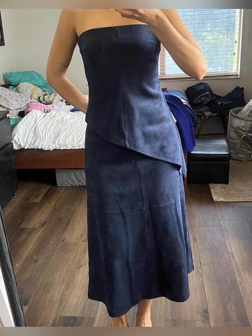 Navy Blue Zara Faux Suede strapless asymmetric top and midi skirt set
